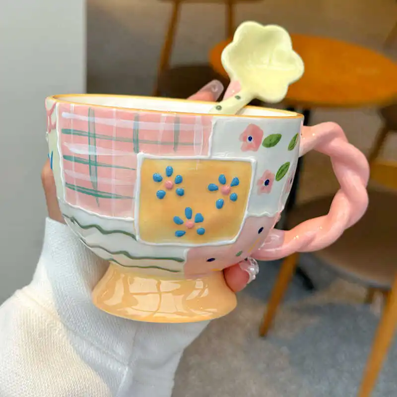 

Cute Cartoon Anime Peripheral Relief Breakfast Oat Milk Cup With High Appearance And Large Capacity Girl Ceramic Mug Gift