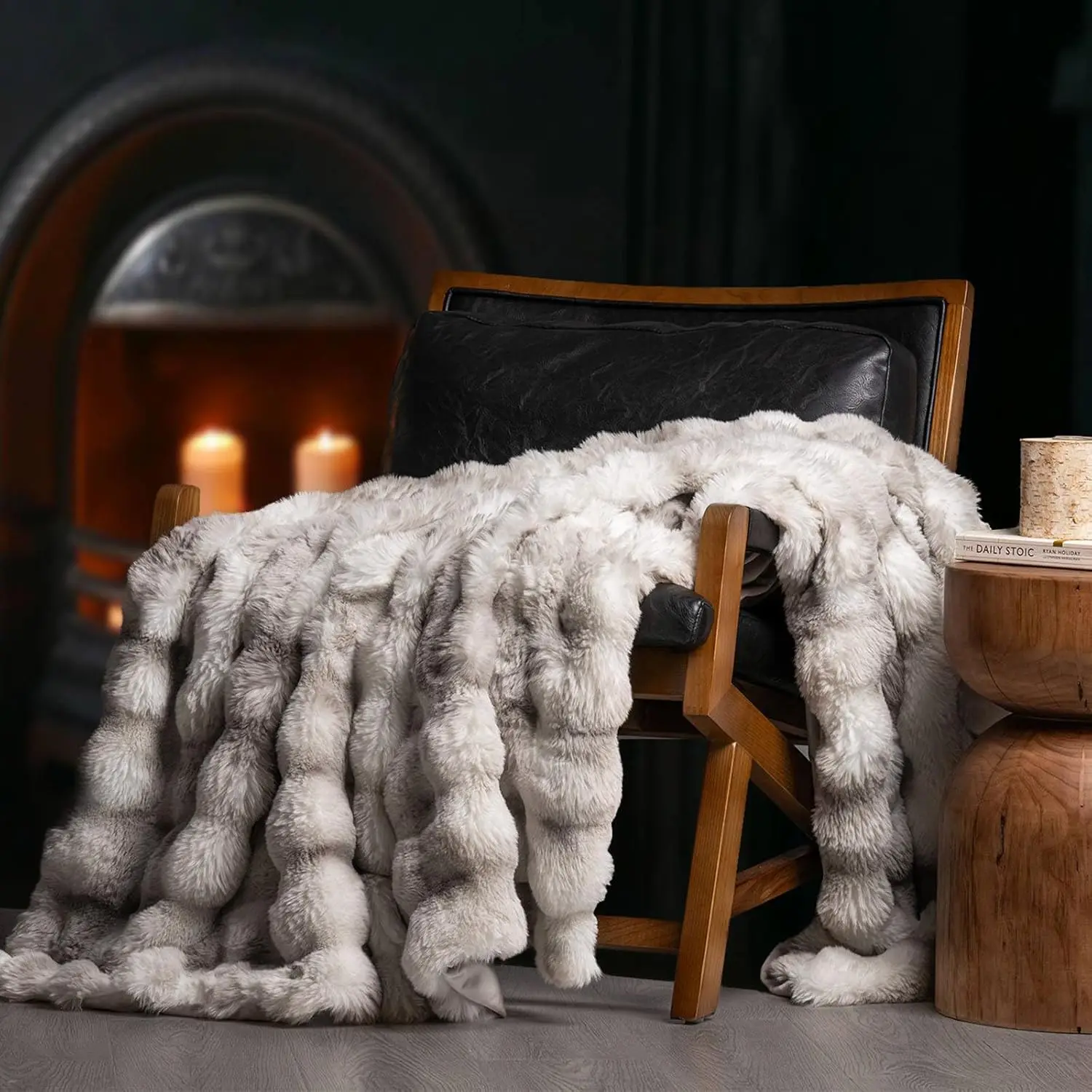 Ultra Soft Faux Fur Throw Blanket, Fluffy Bubble Plush Reversible for Bed Couch Sofa, Light Grey 60x80