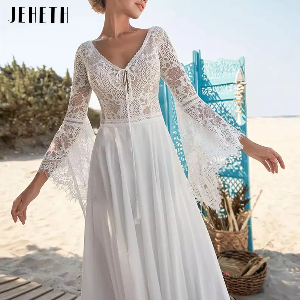 Vestidos de novia bohemios de gasa con manga acampanada para mujer, vestidos de novia de playa con cuello en V, Espalda descubierta, línea A, tren de barrido largo de vestidos de novia estilo Boho