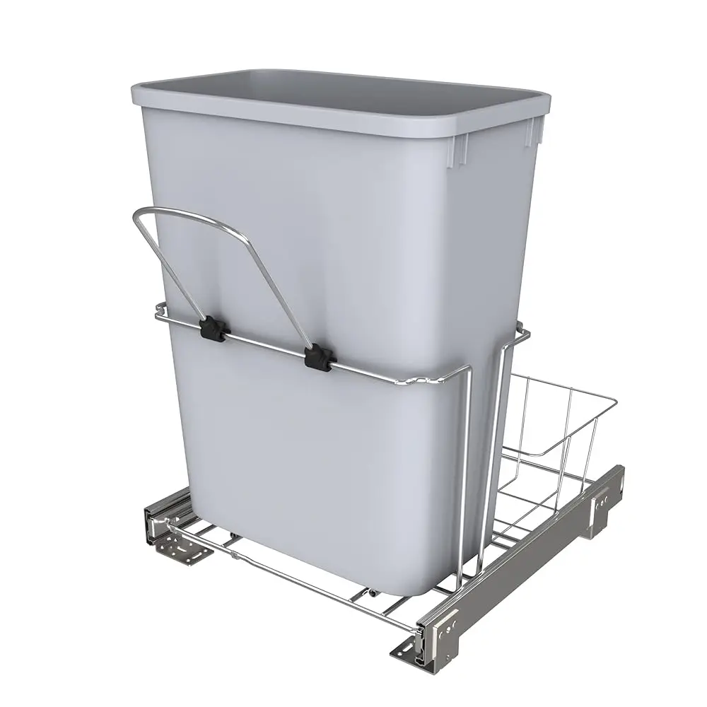 

32 Qt Pullout Kitchen Cabinet Metal Wire Sliding Universal Trash Can With Rear Basket For Waste Disposal And Organization,