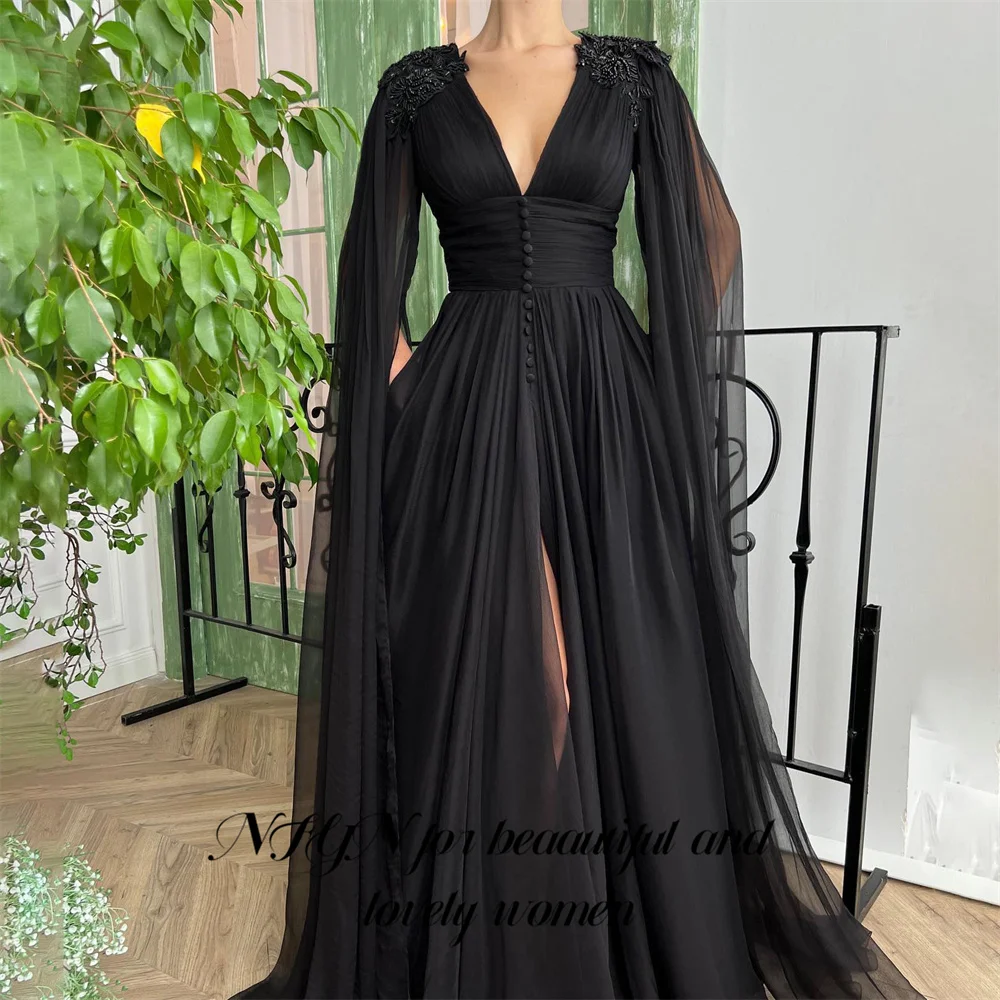 

NFYN Black Chiffion V Neck Evening Dress Woman Night Dress Beach Pleat Celebrity Dress Button Appliques Formal Gown Customized