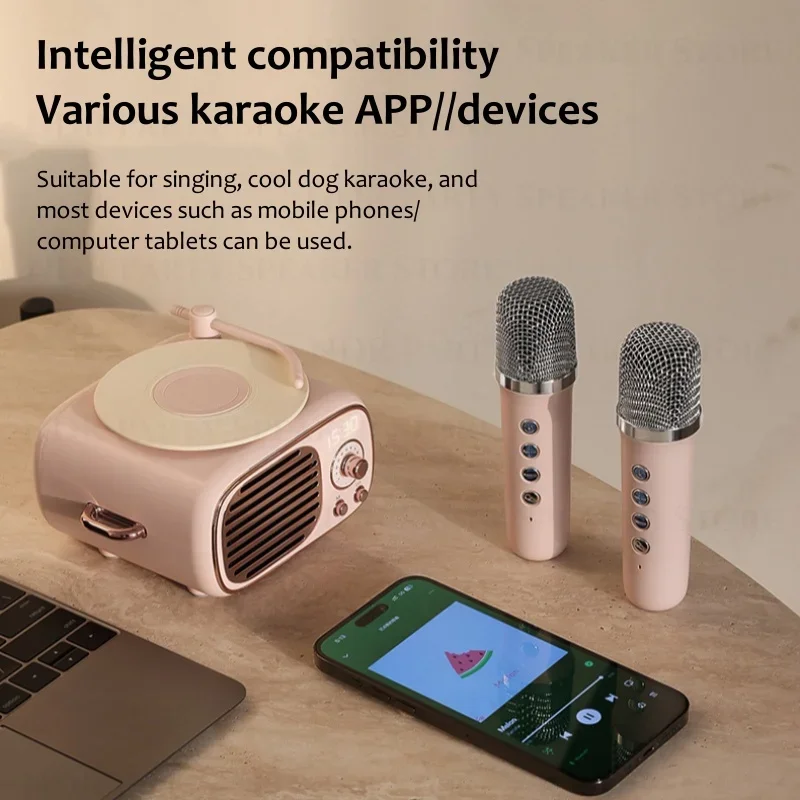 ポータブルBluetoothスピーカー,プロの音楽,デュアルマイク,低音,サブウーファー,屋外カラオケ,家族のパーティー