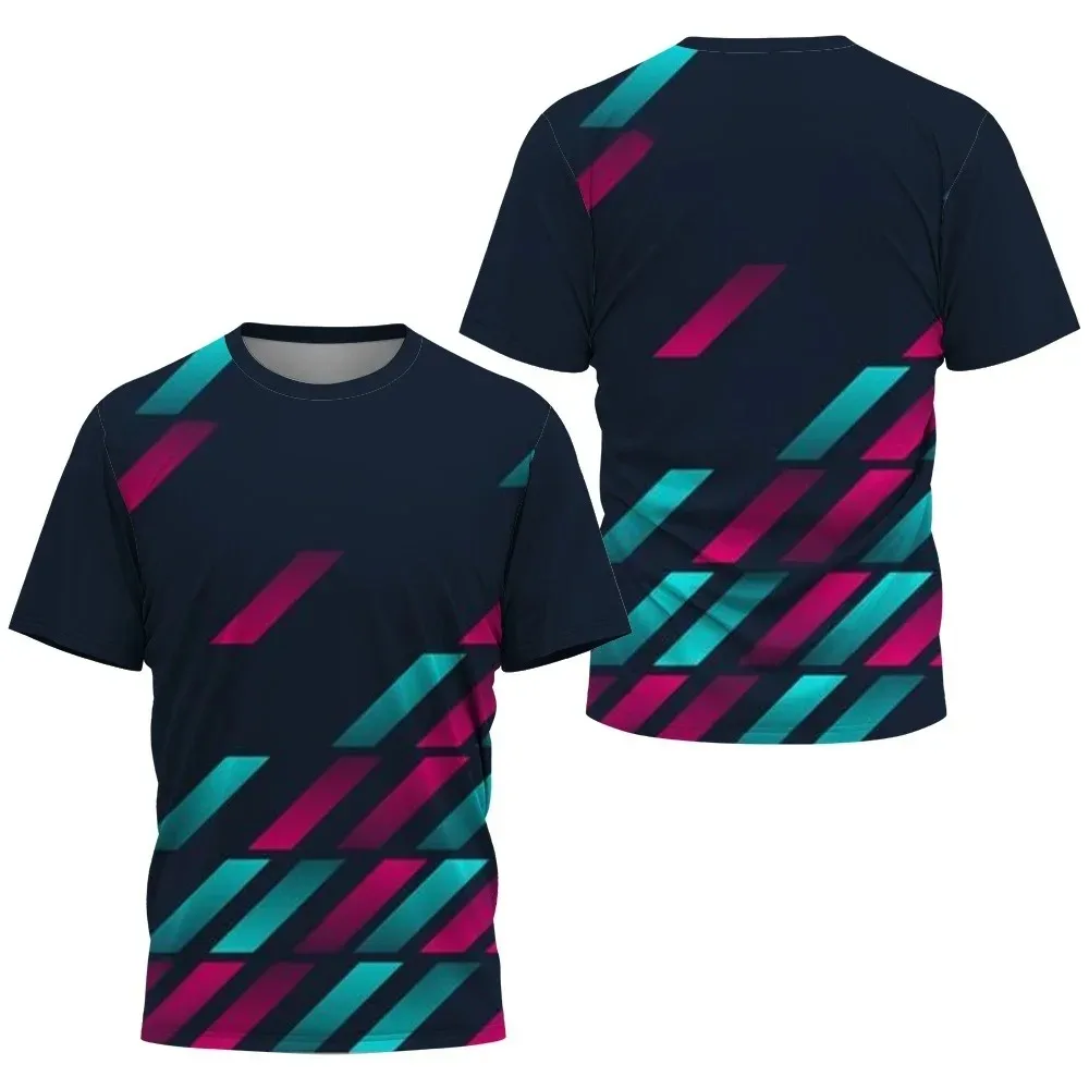 Summer Men's Short Sleeved Navy Blue Neon Gradient Print Breathable Sweat Wicking Training Casual Short Sleeved