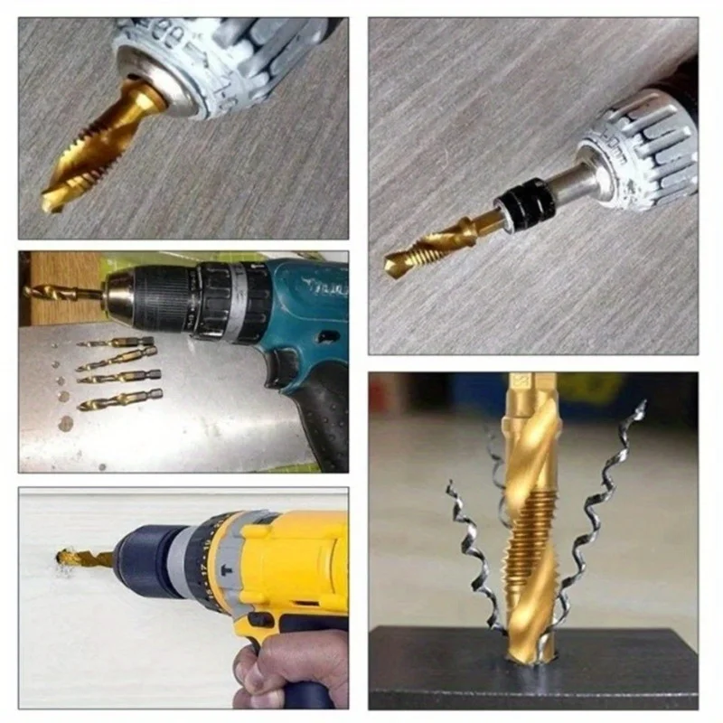 12pcsTitanium Coated HSSTap Drill Bits Set Hex Shank Screw Thread Bit Screw Machine Compound Tapfor Precise Drilling and Tapping