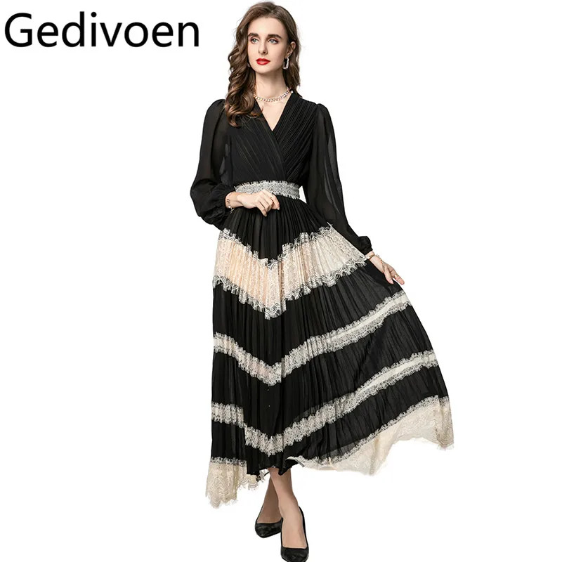 

Gedivoen High-End Lace Hollow Out Pleated Dress V-Neck Long-Sleeved High waist Chic Elegant Designer Dresses