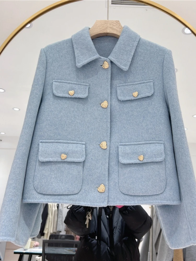 

Двустороннее шерстяное пальто, женская элегантная однобортная куртка с карманами, женская однотонная свободная короткая шерстяная верхняя одежда с отложным воротником