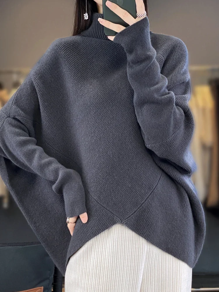 Women\'s Skin-friendly Turtleneck Wool Sweater Loose Thick Bat Irregular Monochromatic Autumn Winter Fashion Female Top