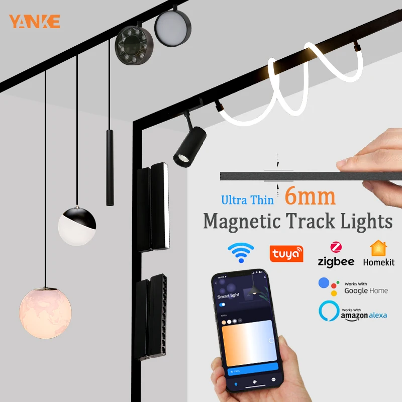 6mm fino inteligente tuya zigbee regulável teto superfície montagem magnetie pista sistema de luz preto branco fino lâmpada segura dc48v para casa