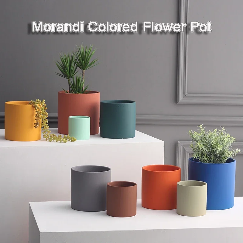 Morandi Solid Color Matte Ceramic Flower Pot Small Cylindrical Shape Pot with Tray Plant Succulent Planter for Indoor Greenery
