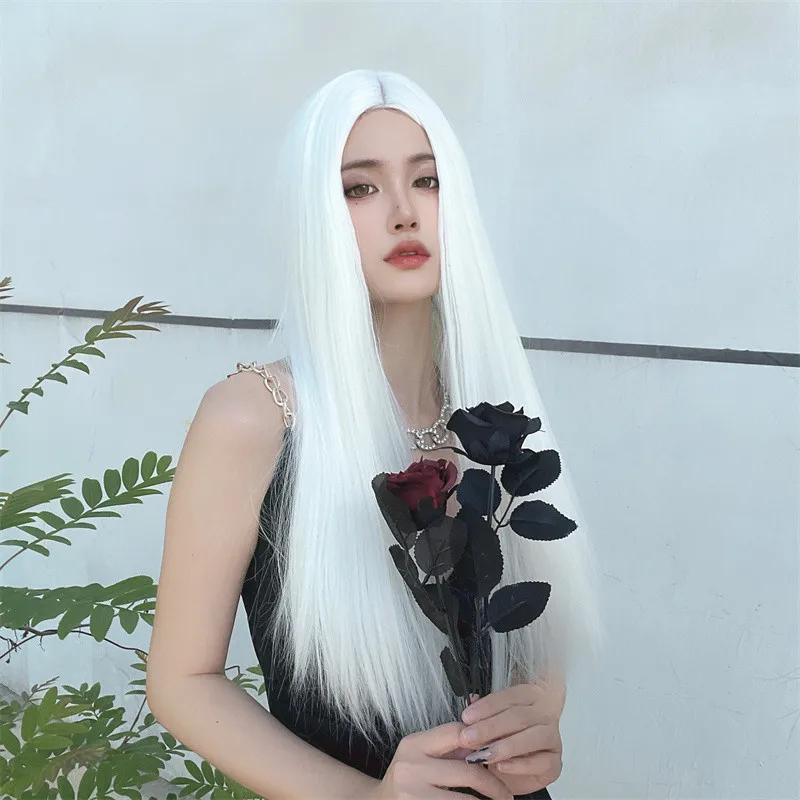 

Fashion Casual Women's Headgear Wig Women's White Long Straight Hair Chemical Fiber Headgear Medium Hair