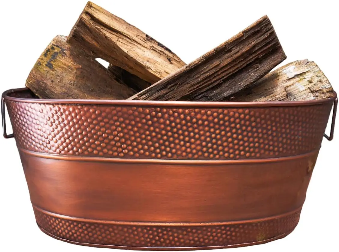 Indoor Multi-Use Galvanized Copper Tub for Firewood Storage, Heavy-Duty with Handles, Rustproof