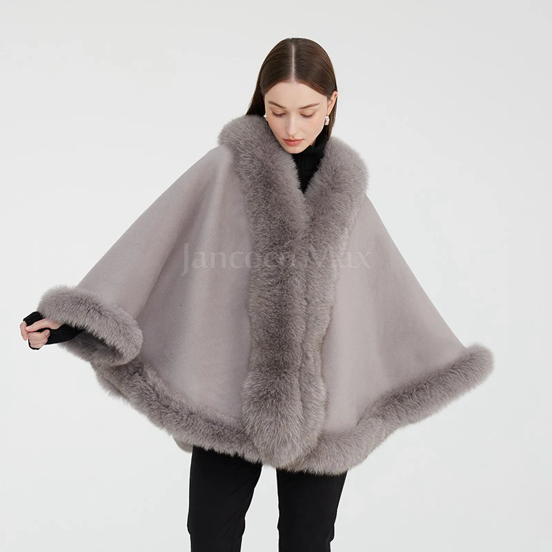 

Women's Real Wool Poncho Spring Winter Fashion Shawls 2023 Real Fox Fur Cloak Lady Coat XG5389