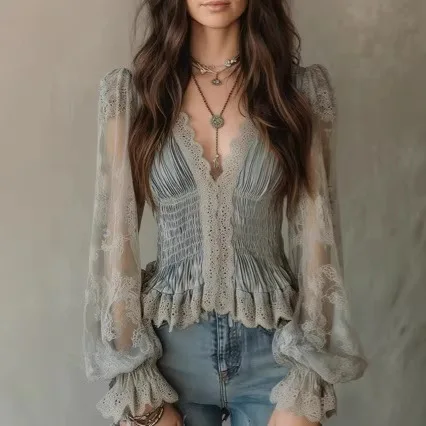 

Women's Summer New French Retro Puff Sleeve Waist-Hugging Collarbone Blouse with 3D Floral Details