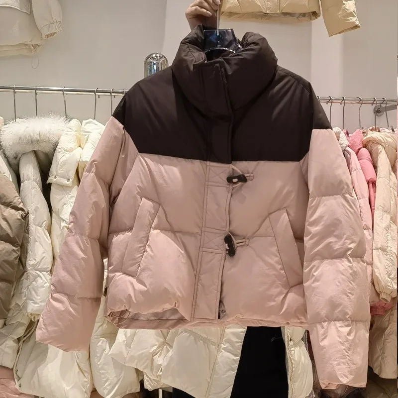 Winter Women Parkas Spliced Horn Buttons Puffer Casual Loose Down Cotton Padded Coat Quilted Stand Collar Warm Pockets Jackets