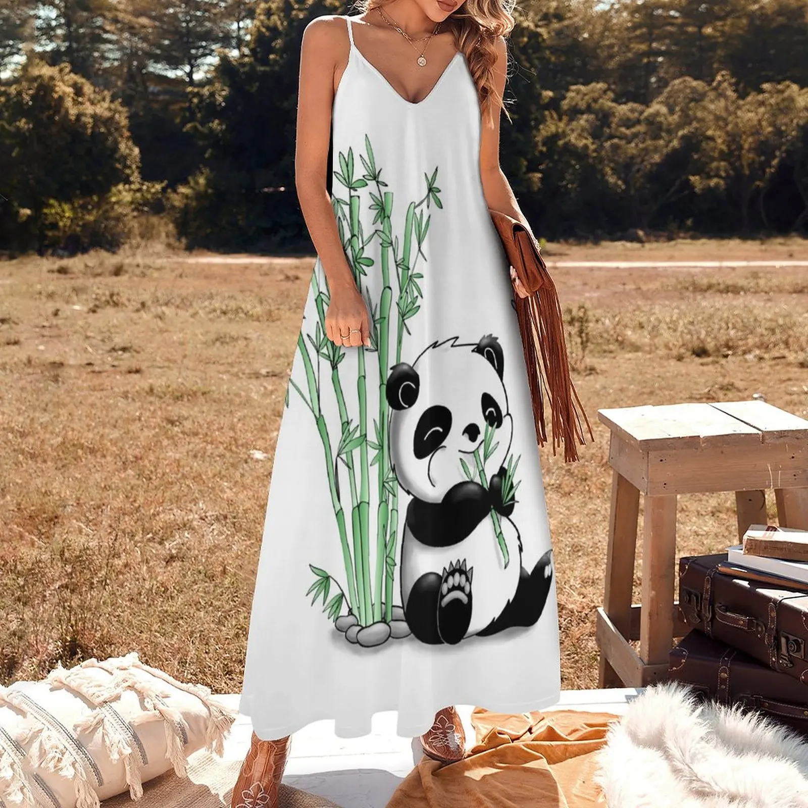 Panda comendo vestido sem mangas para mulheres, vestidos de bambu, roupas verão, recém-chegados, 2021