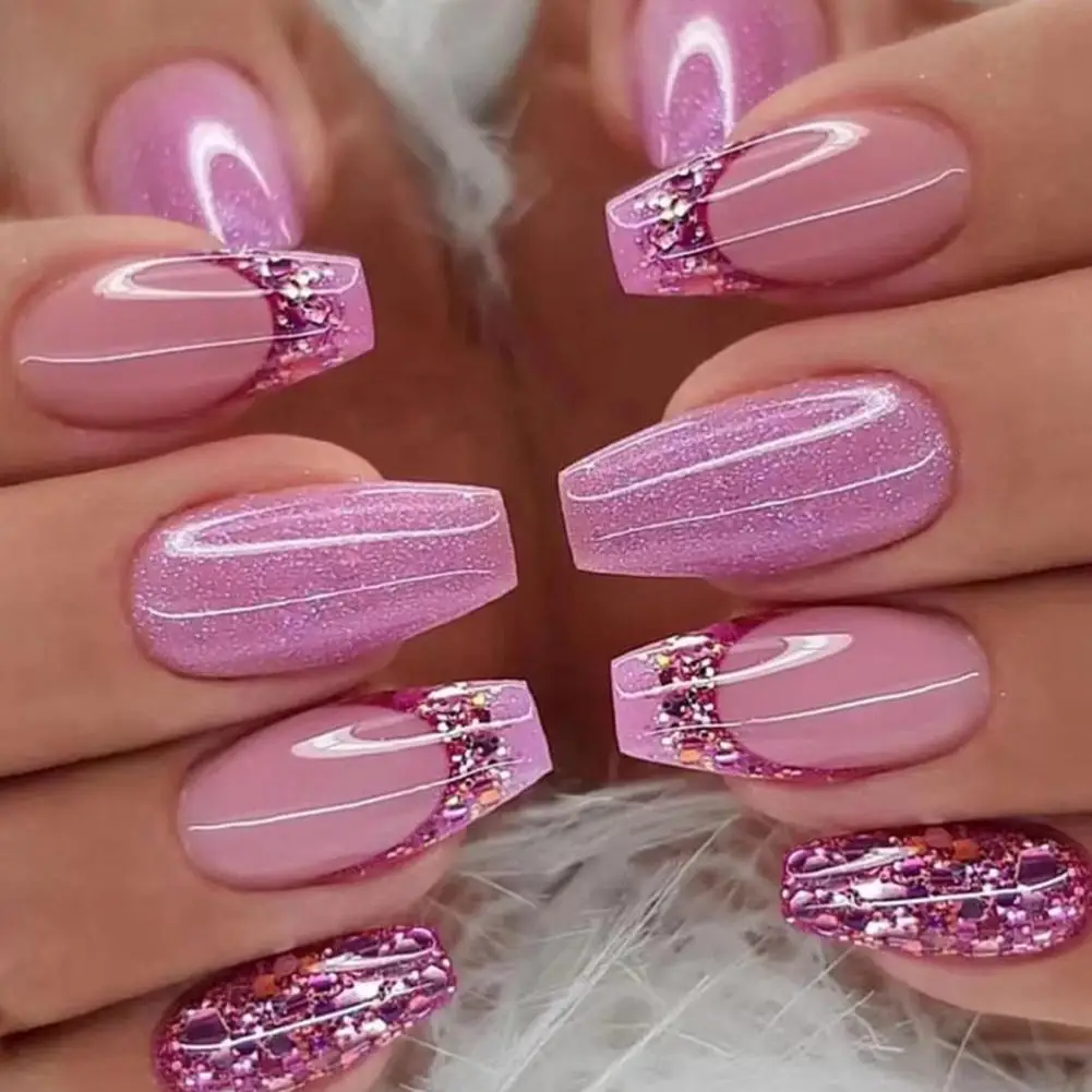 Women False Nails with Glue press on nails Pink Glitter Gel Fake Nails French Sequined Manicure Tips DIY Nail Art Kit