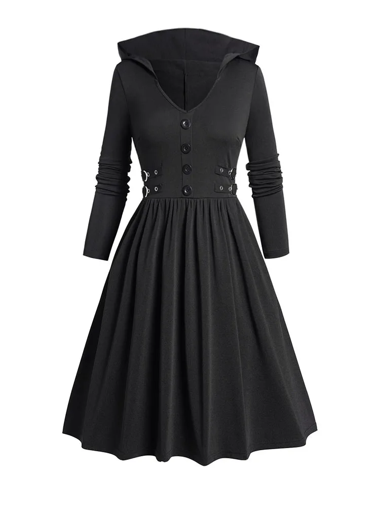 Buckle Gothic Hooded Dress Plain Color Long Sleeve A Line Casual Dress Spring Fall Black Dresses For Women 2024 New