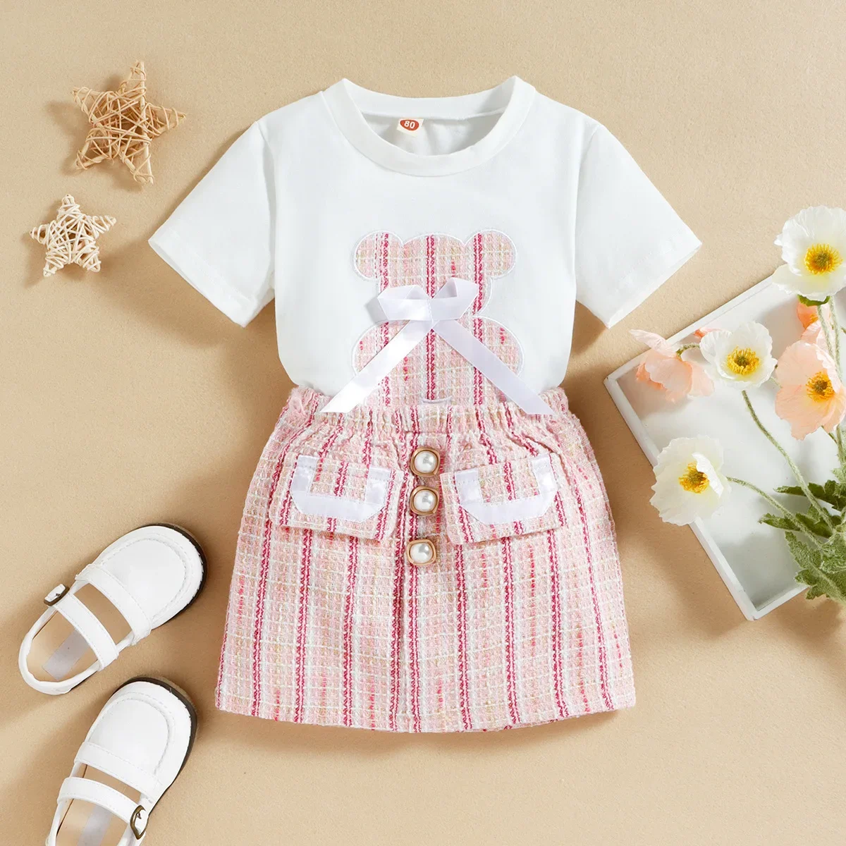 Summer New Two Piece Set Skirt Child Casual Wear for Little Girls Bow Cotton T-shirt Cute Bear Cotton T-Shirt Sweet Plaid Skirt