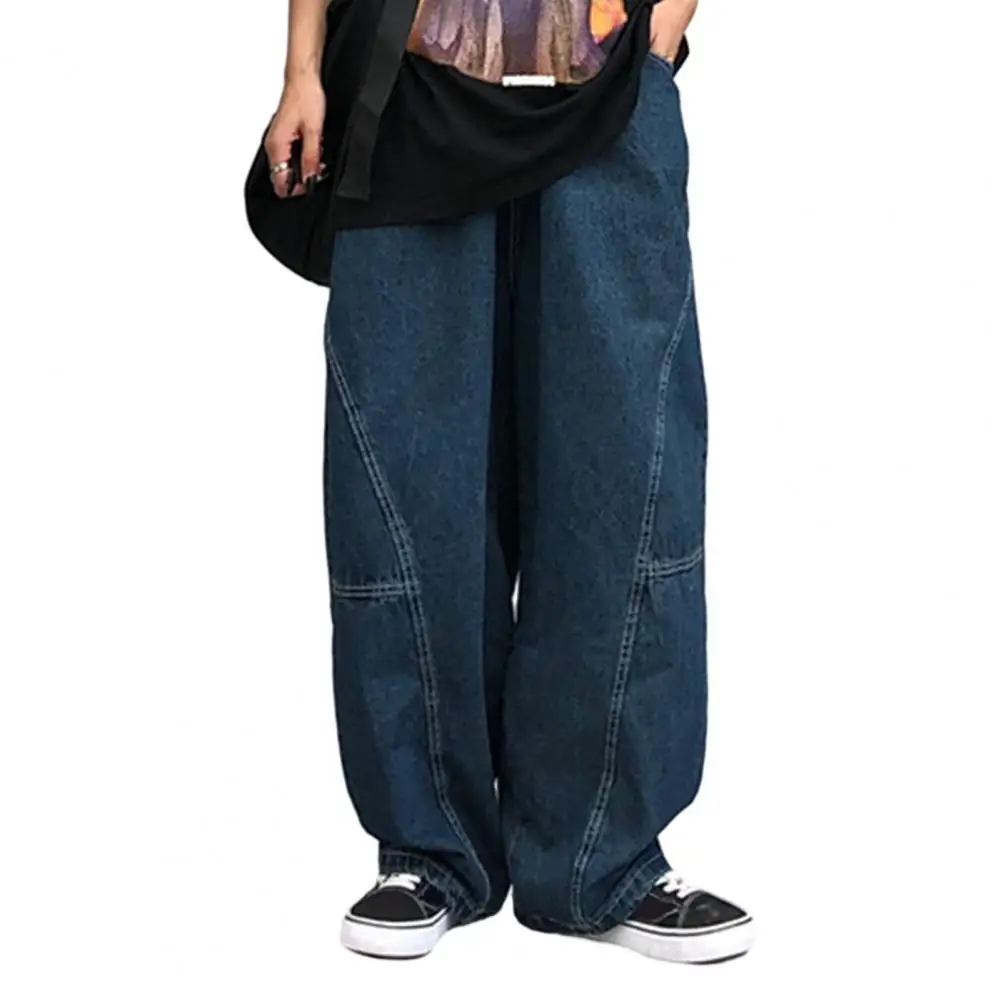 Men Pants Vintage Cargo Pants Washed Loose Wide Leg Straight Deep Crotch Hip Hop Patchwork Pockets Oversized Long Trousers