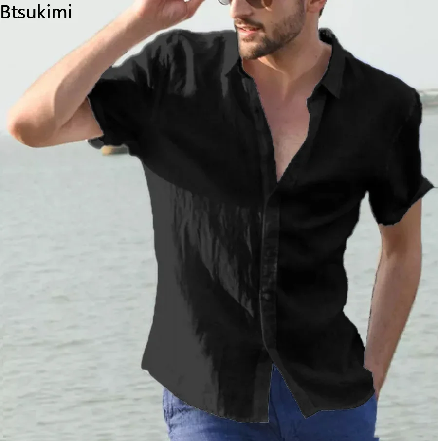 2025 Men's Summer Cotton Linen Short Sleeve Shirts Solid Casual Loose Blouse Tops Shirts Male Breathable Shirt Chemises Homme
