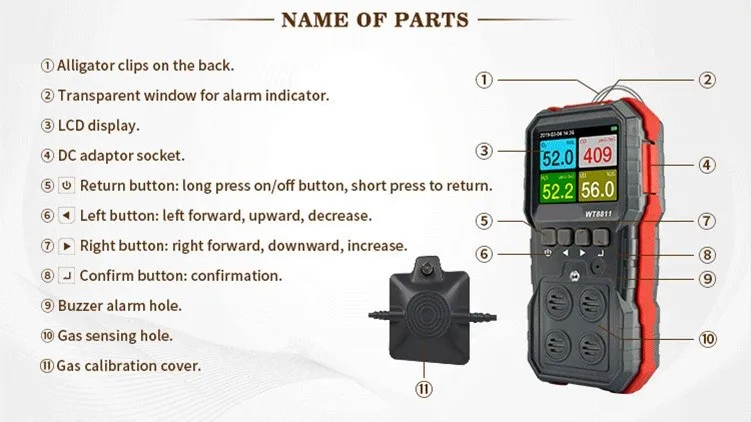 เครื่องตรวจจับก๊าซอุตสาหกรรมแบบดิจิตอลพกพา WT8811 4 in 1 ตรวจจับก๊าซคาร์บอนมอนอกไซด์ ออกซิเจน ก๊าซไวไฟ และก๊าซไฮโดรเจนซัลไฟด์