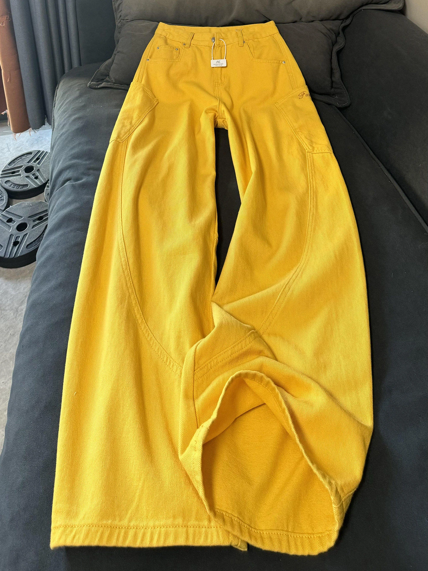 

Желтые джинсы-карго с высокой талией и вышивкой, широкие брюки в стиле кэжуал для мужчин и женщин с большими карманами