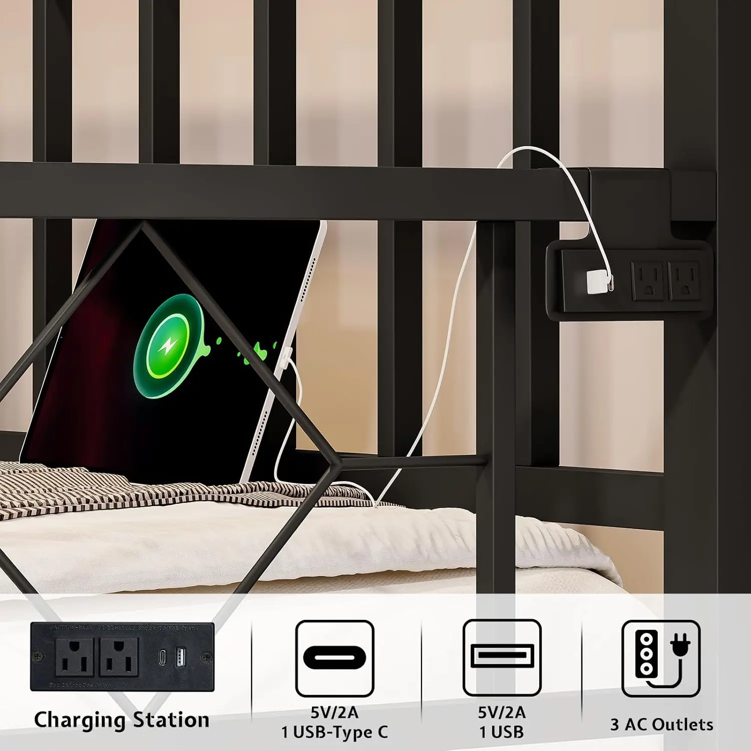 XMSJ * سرير نهاري مزدوج مع قاعدة شحن وأضواء LED، إطار سرير متعدد الاستخدامات مع دعم شرائح فولاذية، سرير نهاري مع دولاب، أسود