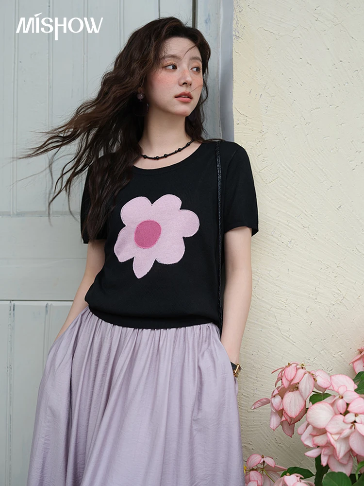 

MISHOW Contrast Color Flower Knitted T-shirts for women 2025 Summer New Round Neck Top Women's Clothing Commute Tee MXE39Z1311