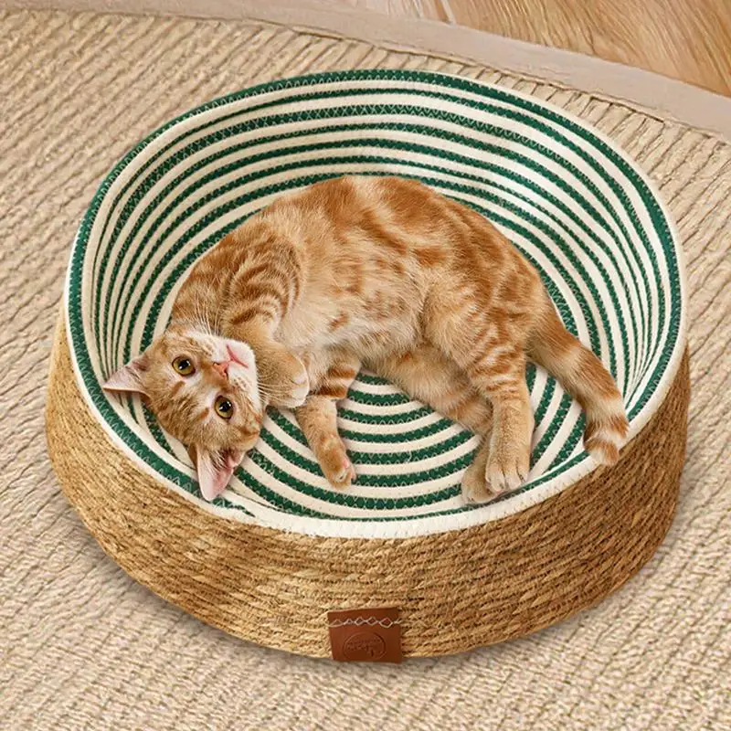 

Cat Basket Bed Round Hand Woven Rattan Pet Bed Cotton Rope Cat Scratching Basket Summer Cooling Cat Lounger Pet Supplies