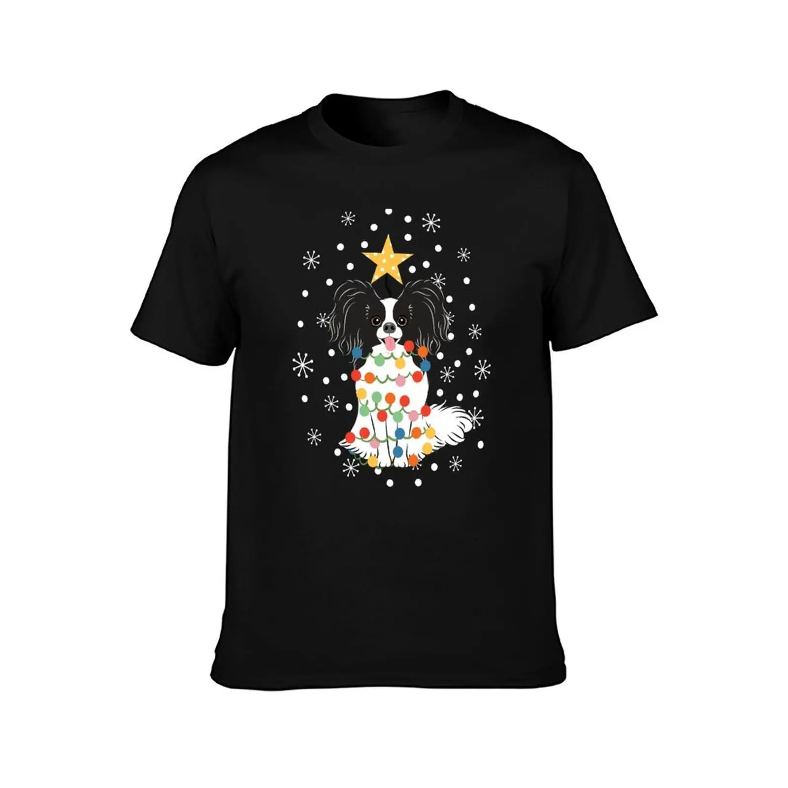 Black White Papillon Dog Christmas Tree T-Shirt, Summer Casual Cotton Tee, Oversized Streetwear Tops, Vintage Graphic Print