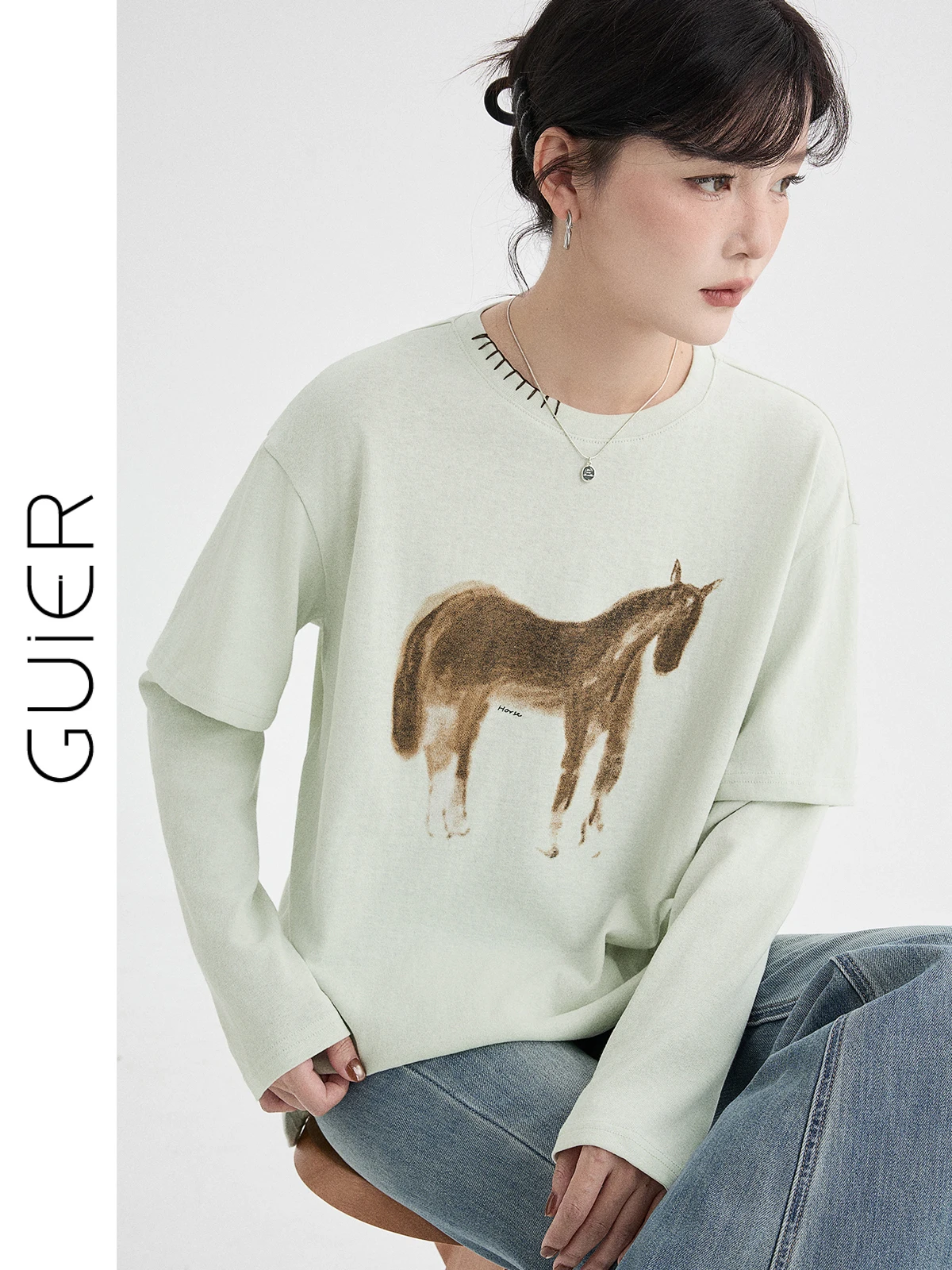 

Casual Long Sve T-irt Women's Spring New Sle Print Loose Top Versatile Fem Faion round Ne Pullover Tee