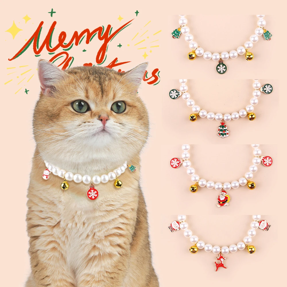 

Christmas Pet Pearl Necklace Cute Xmas Tree Snowman Elk Santa Claus Bells Pendant Adjustable Cat Dog Collar Puppy Festival Gifts