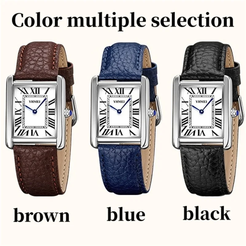 YHMEI Couple Watch 30M Waterproof Casual Fashion Women Men Quartz Watches Wear Resistant Leather Strap Square Dial Design