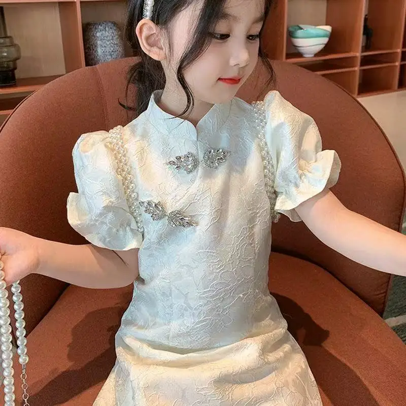 

Girls' Cheongsam Dress 2025 Summer New Style Children's Cheongsam Dress Girls' Baby Bubble Sleeve Dress