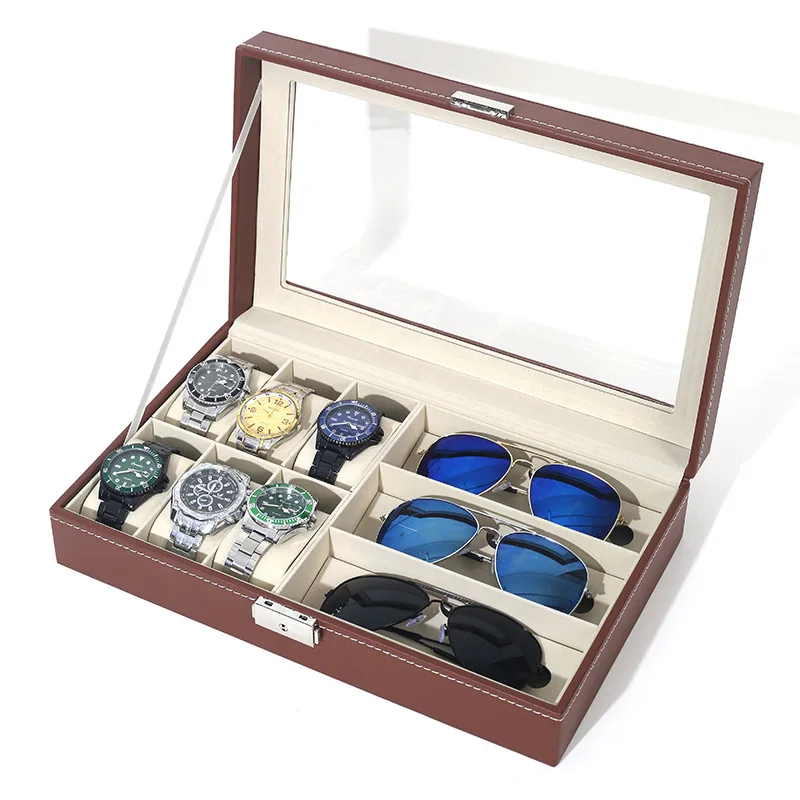 6+3 Girds PU Leather Multifunctional Glasses Organizer Watch Case Sunglasses Box Eyeglasses Display Storage For Men Or Women