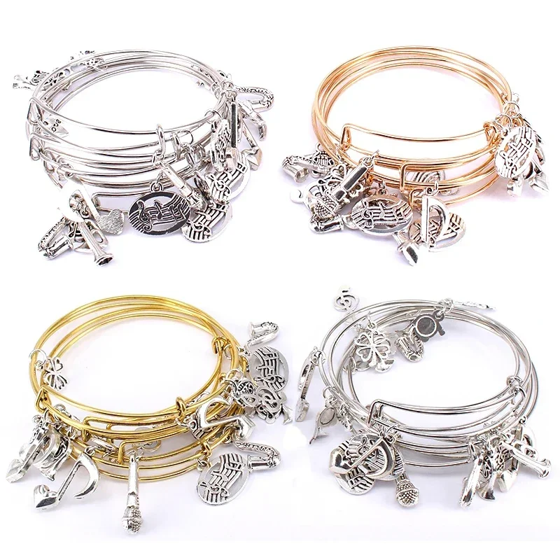 5pcs Bangle Set Wire Bracelets for Women Girls Jewllery Mixed Musical Note Horn Saxophone Microphone Charm Bracelets C040