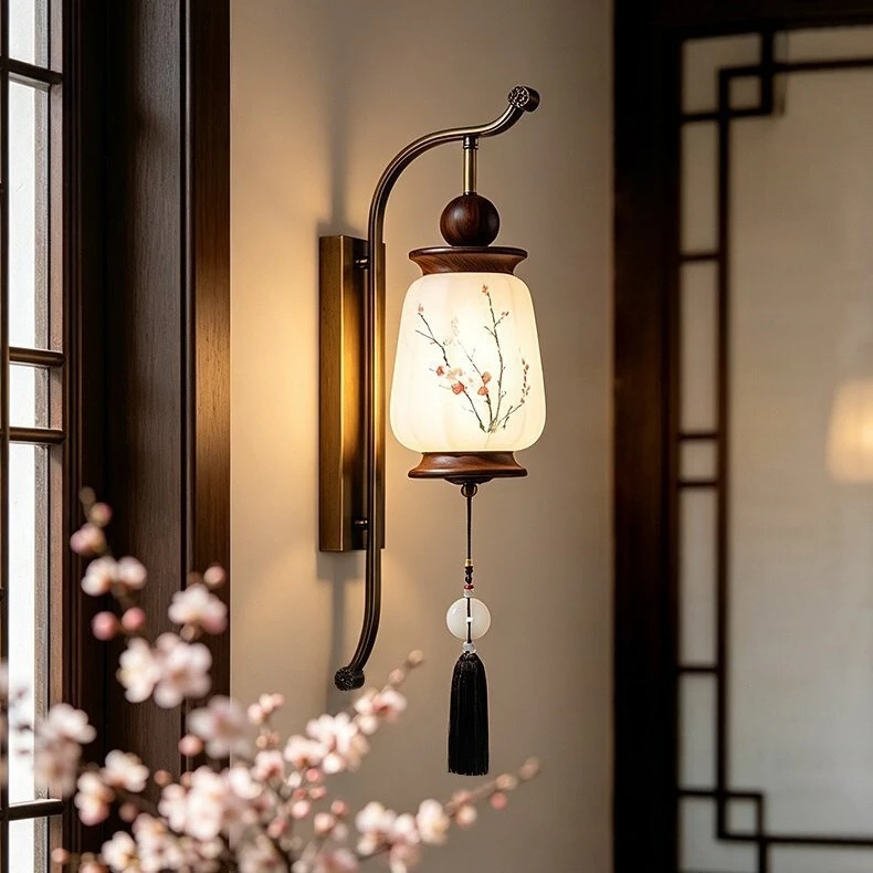 New Chinese style wall lamp, retro Song style aesthetic bed and breakfast, bedroom bedside lamp, walnut, living room background