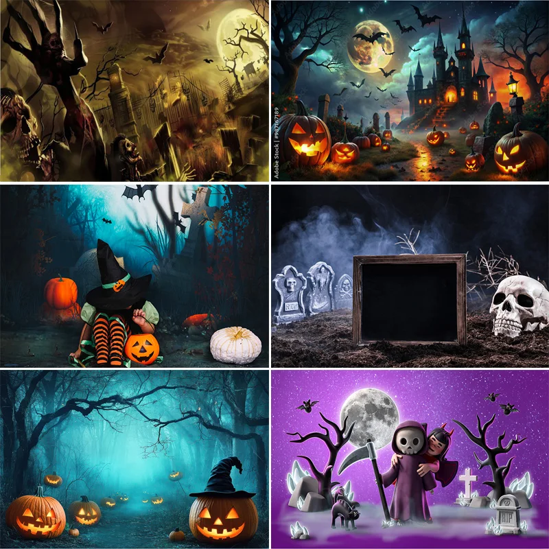 

Pumpkins Halloween Day Spooky Backdrop Lanterns Cobwebs Full Moon Wicked Eerie Evil Scary Dark Night Forest Background HA-01