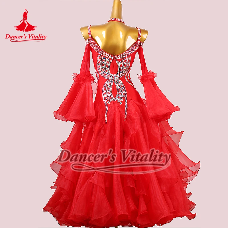 Estilos de remolque, tres colores para elegir, danza Social, lujosos vestidos modernos de competición con piedras AB con collar, personalizados de alta gama