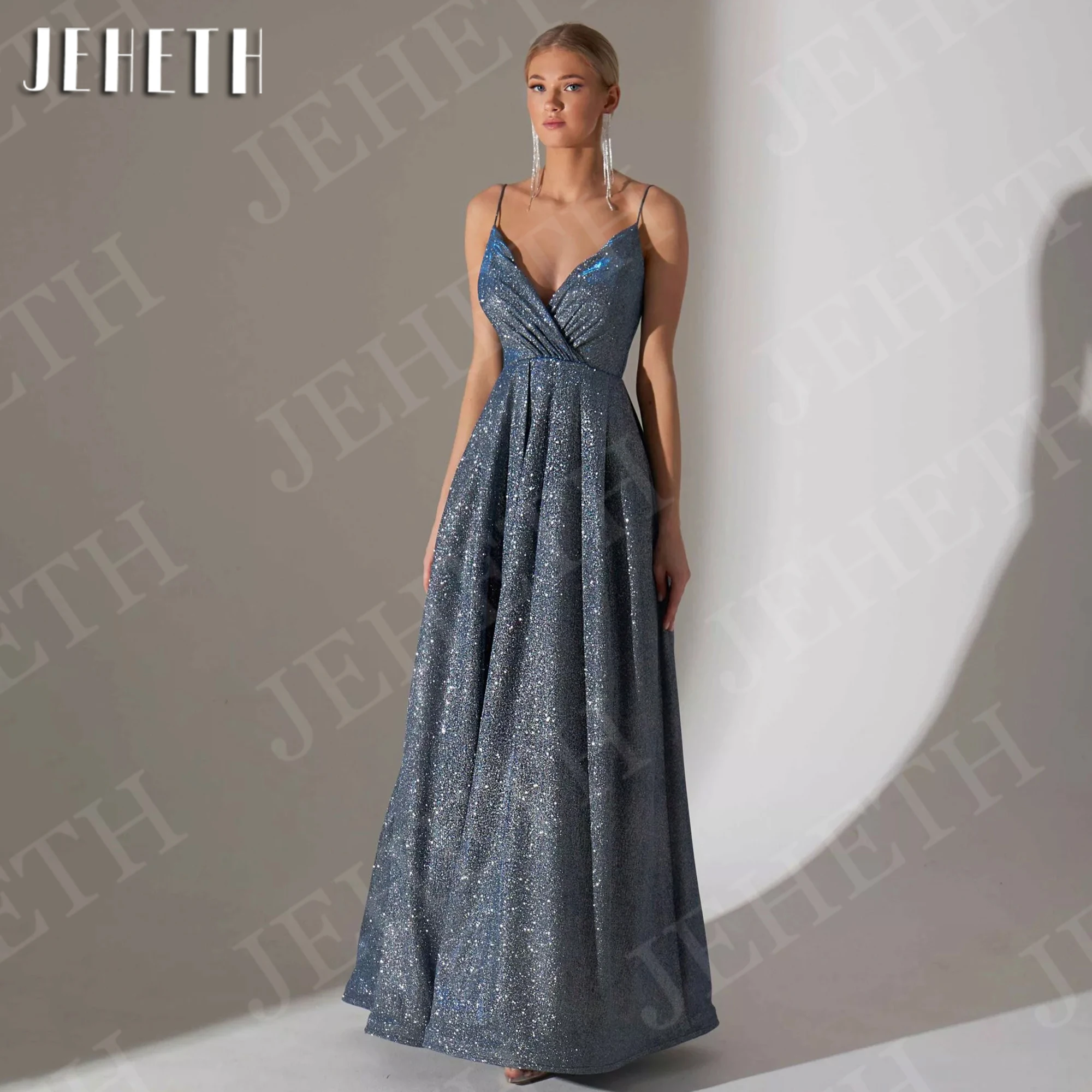 

JEHETH Glitter Prom Dress Graceful Evening Dresses for Women Backless V Neck Floor Length Wedding Party Gown A Line Customized