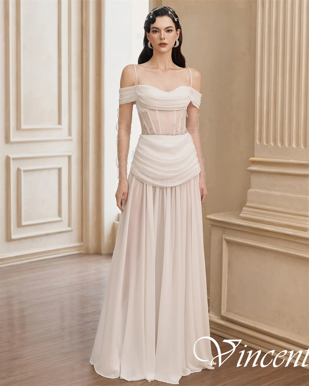 

Customized Off the Shoulder Spaghetti Straps Evening Dress Straight Crystal Fashion Bridal Party Zipper Back Delicate Prom Dress