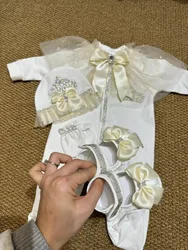 Beige Baptism Baby Girl 0-6m Coming Home Hospital Outfit Cape shawl Pearly Sparkle Bling Wedding Sequines organza 4pcs Layette