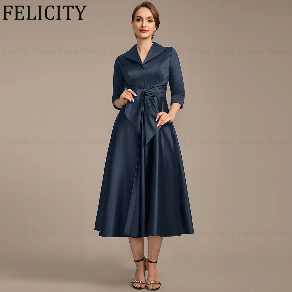 FELICITY-vestidos de satén elegantes para madre de la novia, traje de boda con cuello en V, plisado, largo hasta el té, fiesta de noche, 2024