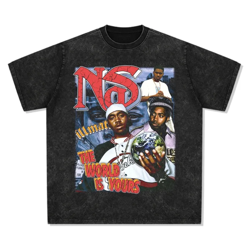 

2025 Nas Hip-hop Rap American T-shirt, Street Fashion Brand, Retro Print, Aged Washed Pure Cotton Round-neck Short-sleeved