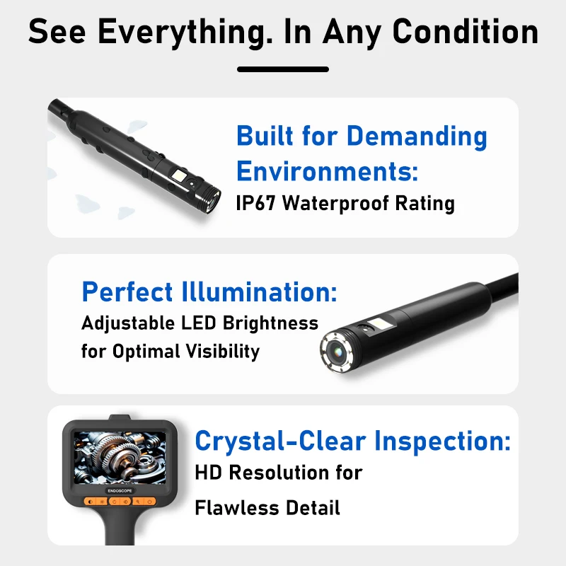 4.3‘’ Screen Borescope Dual Camera 8mm 1080P HD Split Design IP67 Waterproof Endoscope for Inspection Car Engine Piping Sewer