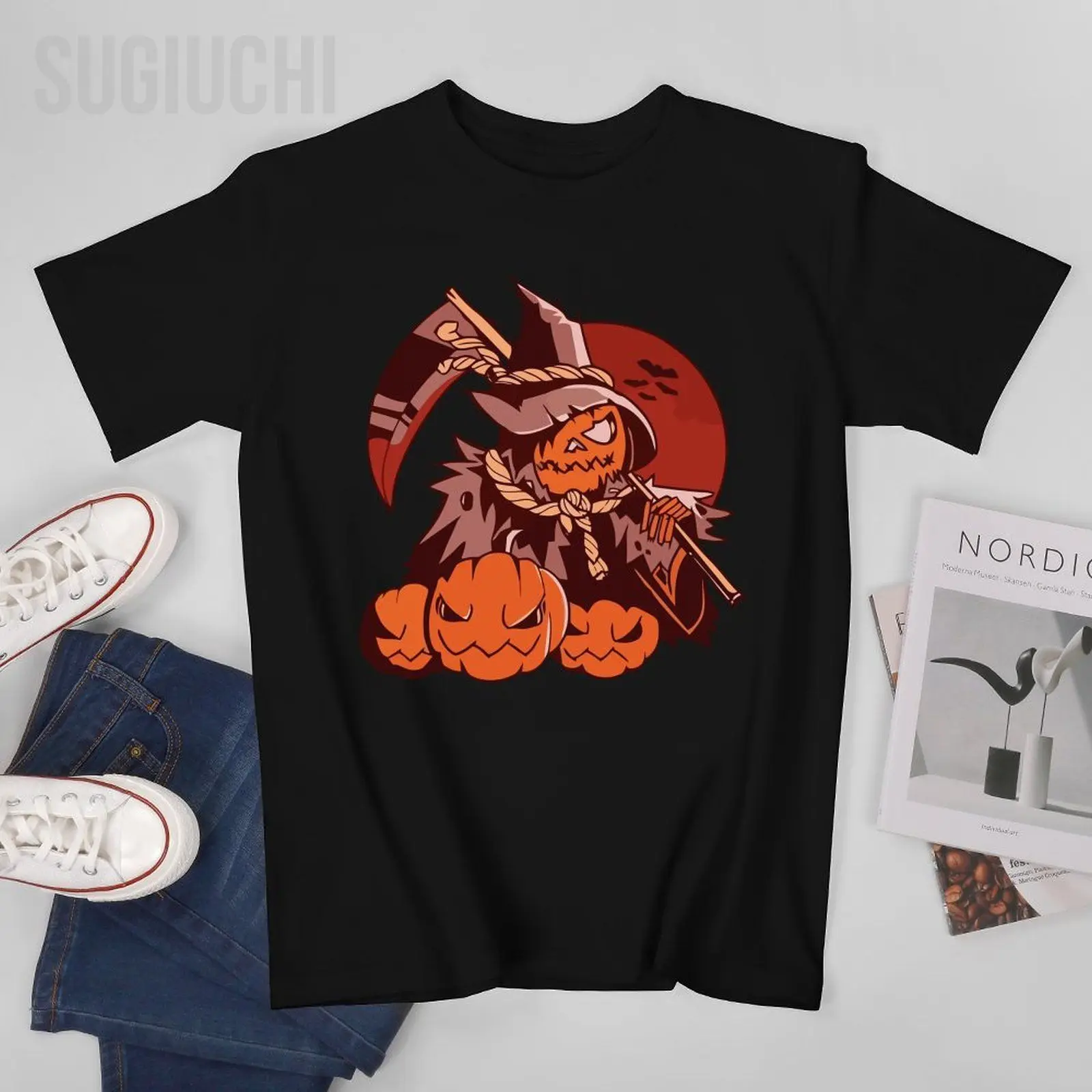 Unisex Men Pumpkin Grim Reaper Halloween Tshirt Tees O-neck T Shirts Women Boys 100% Cotton T-Shirt