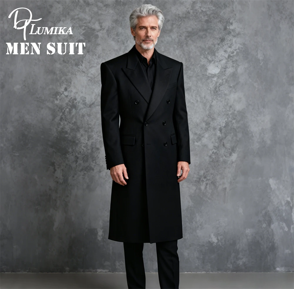 DTLumika- معطف بدلة رائع بكتف عريض للرجال، سترة بدلة طويلة مزدوجة الصدر، XXS-7XL بدلة رسمية للرجال باللون الأسود #1