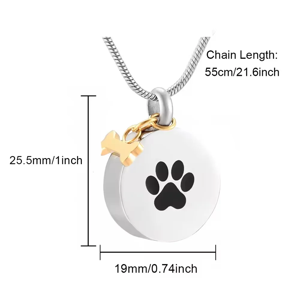 Round Pet Paw Print Urn Pendant for Ashes with Dog Bone Stainless Steel Customizable Memorial Necklaces Keepsake Ashes Jewelry