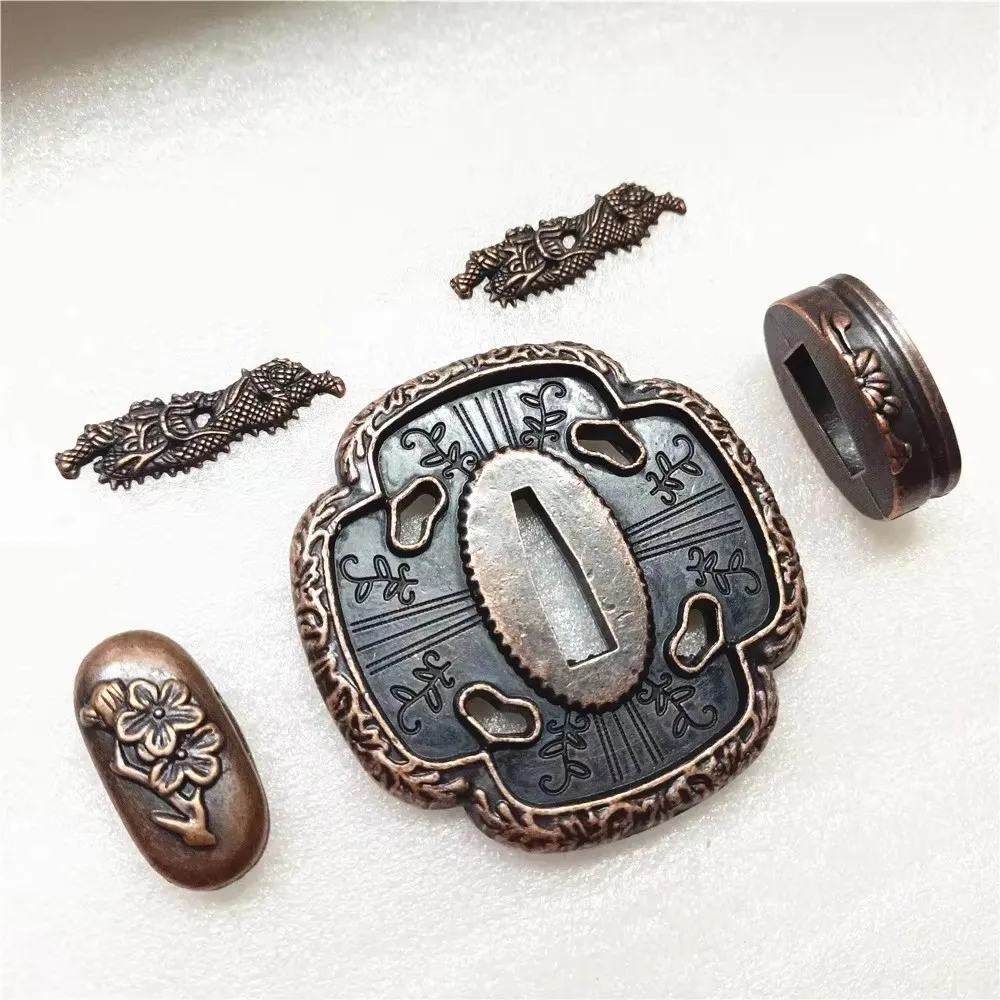 A Set Alloy Tsuba Kashira FuchI Menuki Fittings For Japanese Sword Samurai Katana Accessory