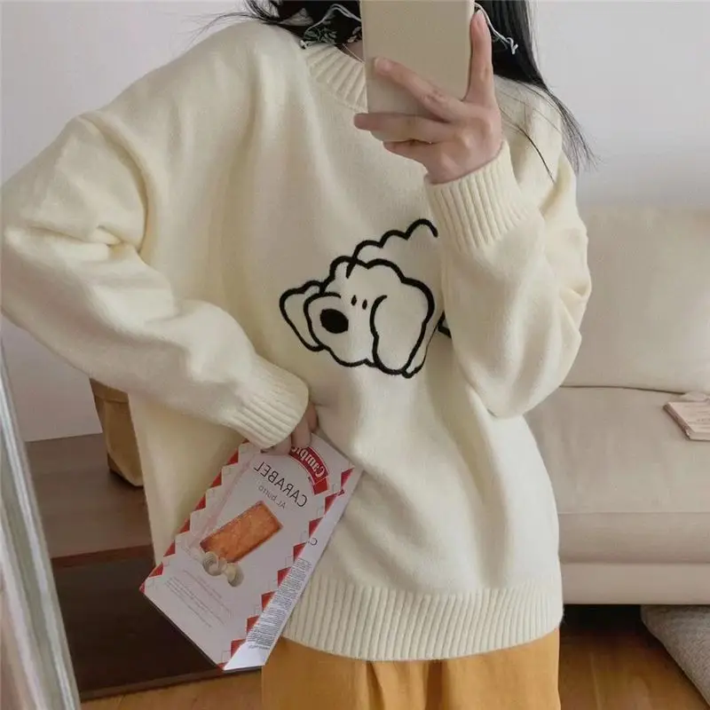 

Hikigawa Autumn Kawaii Dog Embroidery Women Sweaters O Neck Long Sleeve Knitted Pullovers Sweet Chic Fashion Loose Tops Mujer